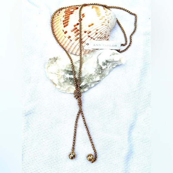 Ann Taylor Gold Tone Rhinestone Ball Drops Lariat Style Chain Necklace NWT - Picture 3 of 8